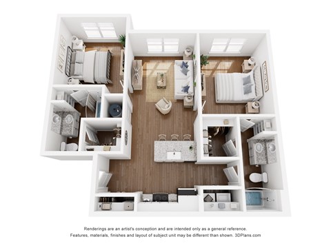 A 3D floor plan of a small apartment with a kitchen, living room, and two bedrooms.